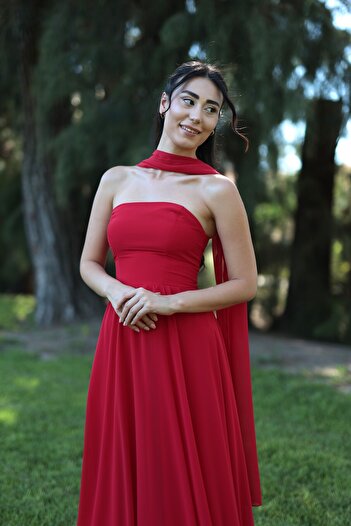 berissima bride Astrid Straplez Şal Detaylı, Kloş Şifon Nikah Elbisesi, Dış Çekim Elbisesi