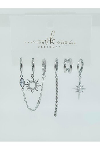 By Zeyna Aksesuar Women's Vip Series Zircon Stone 6-Piece Asymmetric Earring Set – Antiallergenic