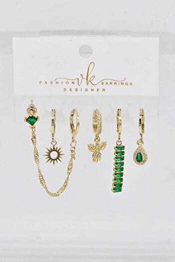 By Zeyna Aksesuar Women's Vip Series Zircon Stone 6-Piece Asymmetric Earring Set – Antiallergenic
