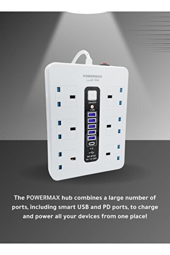 powermax 12-in-1 Power Strip Extension Cable 6 AC outlet, 5 USB, 1 Type-C. 5-Mtr heavy duty 2500W (110V–220V)