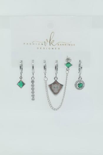 By Zeyna Aksesuar Women's Vip Series Zircon Stone 6-Piece Asymmetric Earring Set – Antiallergenic