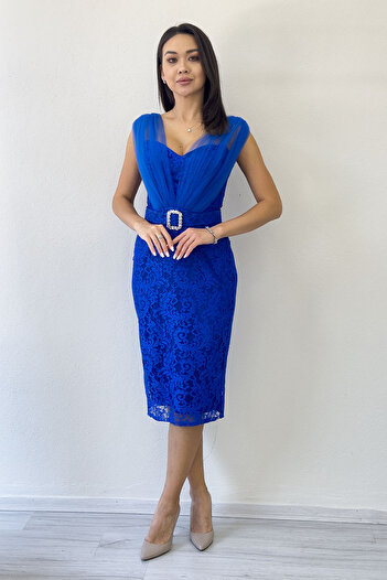 the ZKS Women's Saks Blue Lace Detail Pencil Shape Belted Evening Dress