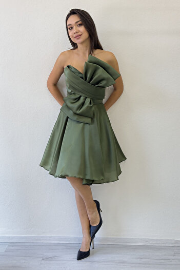 the ZKS Khaki Bow Strapless Mini Flared Evening Dress