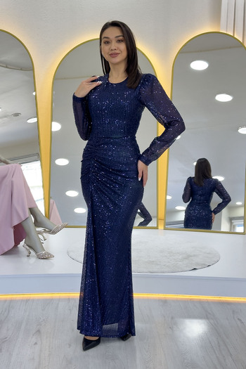 the ZKS Women's Navy Blue Draped Long Sleeve Long Sequin Evening Dress Plus Size Available