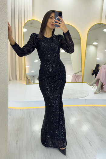 the ZKS Women's Black Draped Long Sleeve Long Sequin Evening Dress Plus Size Optional