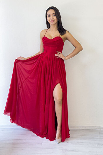 the ZKS Women's Red Strap Slit Detail Evening Dress