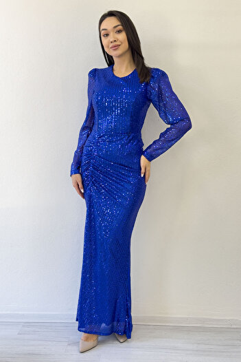 the ZKS Women's Saks Blue Draped Long Sleeve Long Sequin Evening Dress Plus Size Options Available