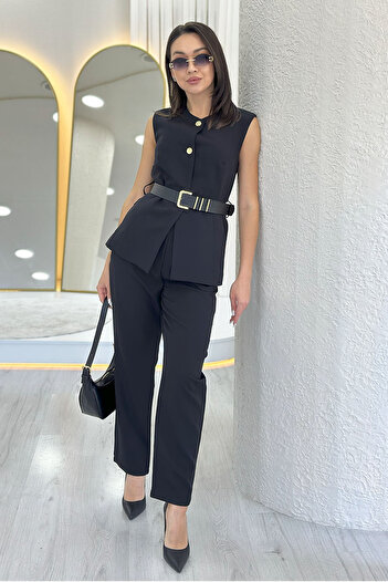 zks grup tekstil Women's Black Belt Button Detailed Top and Bottom Vest Two-Piece Set