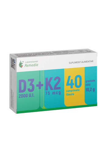 Remedia Vitamin D3 2000 IU + Vitamin K2 75 mcg, 40 film-coated tablets,