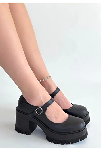 meSga butik Dlor Black Leather Wedge Heel Shoes