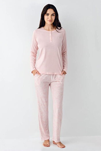 Pierre Cardin Düğmeli Yaka, Cepli, Kadın Pijama Takımı, Uzun Kol, Pembe, %50 Pamuk & %50 Modal