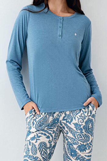 Pierre Cardin Button-down collar, pocketed, women's pajama set, long sleeve, turquoise, patterned, cotton & modal