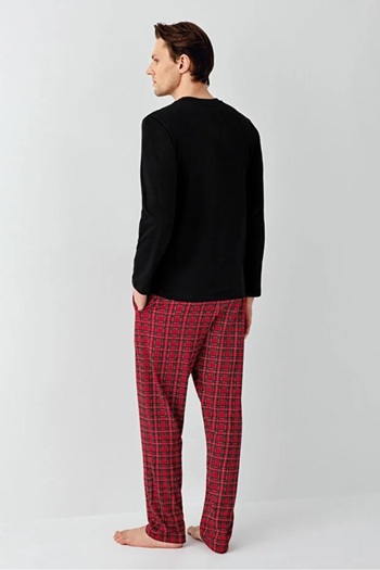 Arnetta 100% Cotton Circular Neck Long Sleeve Bottom Plaid Pattern Men's Pajama Set