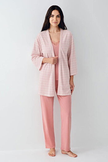 Pierre Cardin Üçlü Pijama & Sabahlık Set, Kurdele Bağlamalı, İp Askılı, V Yakası Dantelli, %50 Pamuk & %50 Modal
