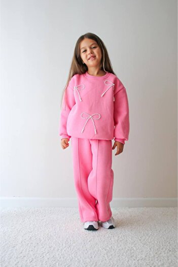ARBİ kids Girls' Bow-Patterned Three-Thread Ruffled Suit Back to School