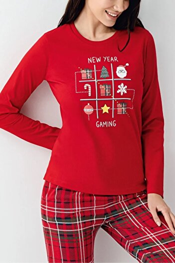 Arnetta 100% Cotton Christmas Themed Circular Neck Long Sleeve Bottom Plaid Pattern Women's Pajama Set