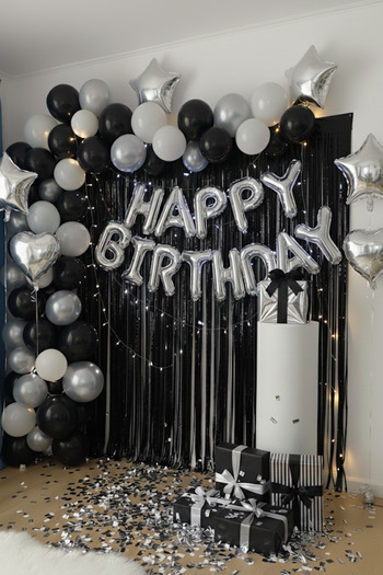 Baloncu Nene Silver Happy Birthday Foil Balloon Set Black White Silver Birthday Party Decorations