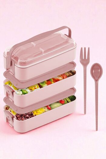 afifehome 3-Tier Lunch Box with Lid and Cutlery Gondol Lunch Box - Pink 1260 ml