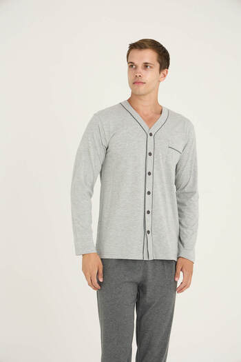 KLY Men's V-Neck Buttoned Pajama Set Comfortable Sleepwear