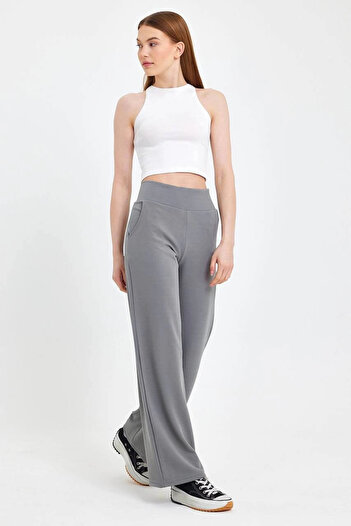 MetuCA Women's Gray High Waist Pocket Palazzo Wide Leg Crepe Fabric Pants Sweatpants