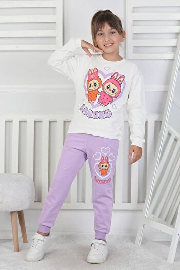 ARBİ kids Girl's Labubu Print Brushed Two-Thread Fabric Seasonal Suit Full Mold