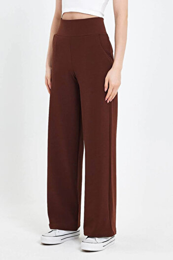 MetuCA Women's Brown High Waist Pocket Palazzo Wide Leg Crepe Fabric Pants Sweatpants