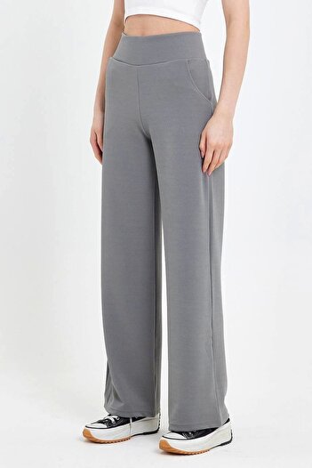 MetuCA Women's Gray High Waist Pocket Palazzo Wide Leg Crepe Fabric Pants Sweatpants
