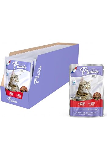 Plaisir Beef & Turkey Chunks in Gravy – 22x100g – Balanced Meal for Healthy Adult Cats
