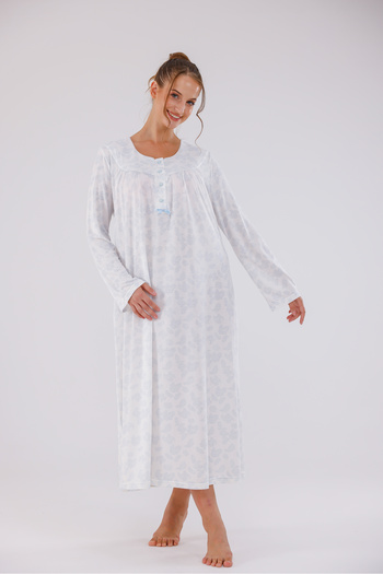 Yulem Homewear Blue Patterned Plus Size (Oversized) Cotton Long Sleeve Nightgown