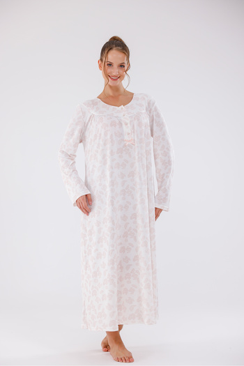 Yulem Homewear Pink Patterned Plus Size (Oversized) Cotton Long Sleeve Nightgown