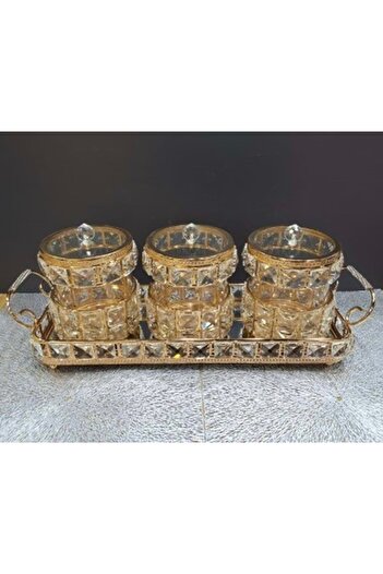 Furkan Crystal Stone 3-Piece Spice Bowl Set with Tray Gold