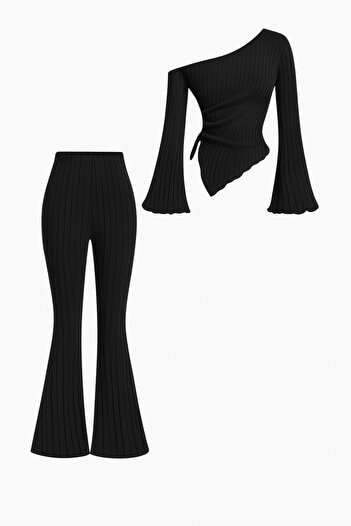 Wild Flower Black Ribbed Asymmetrical One Shoulder Spanish Sleeve Blouse & High Waist Wide Leg Pants Set