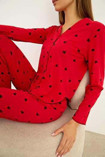 Siyah İnci Red Black Heart Pattern Long Sleeve Button-Down Pajama Set 7936
