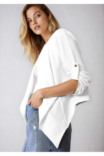 OLSAMODA Women's Padded Front Buttonless Asymmetric Cut Apolet Detail Jacket