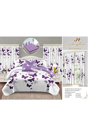 FIONNA.RO Fine Cotton Linen And Curtain Set With Elastic - Purple Butterflies
