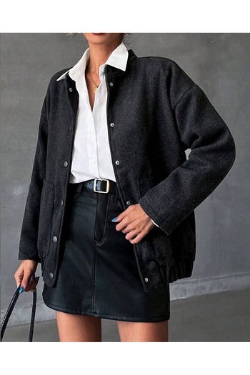 MY QILAM Women's Clothing Black Double Pocket Fence Closure Cashmere Coat Jacket