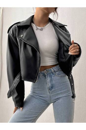 orjinal blue b Δερμάτινο μπουφάν Oversize Crop με ζώνη