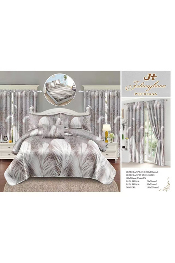 FIONNA.RO Fine Cotton Linen And Curtain Set With Elastic - Grey And White Feathers