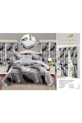 FIONNA.RO Fine Cotton Linen And Curtain Set With Elastic - Grey With Feathers