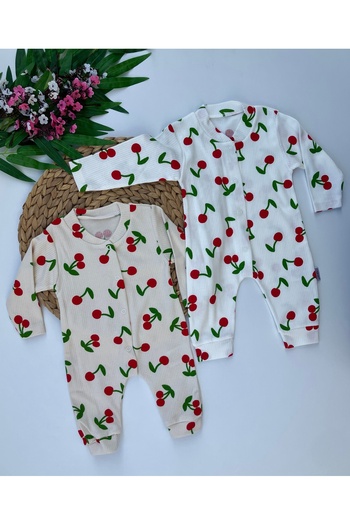 minço bebe Organic Baby Girl and Boy Cherry Patterned 2-Piece Cotton Romper Without Booties Newborn 1-3-6 Months