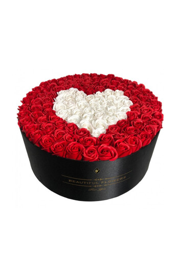 velve Round box floral arrangement with 85 soap roses, Heartbeat