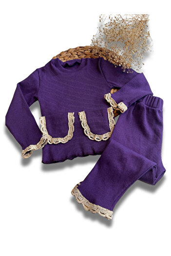 özge başaran Girl's Fisto Detailed 2-Piece Set – Lace Pocket Sweatshirt and Sweatpants