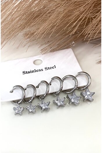 JustGAF Silver Color 3 Different Sizes Zircon Stone Star Model Dangle Steel Earrings