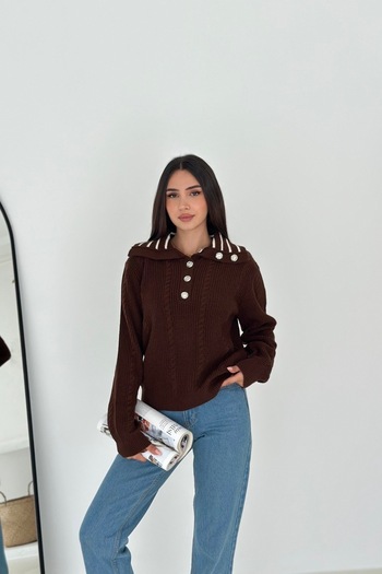 Noi Belis Half-Button Oversized Turn-Down Collar Knit Sweater Aw25Kz0024