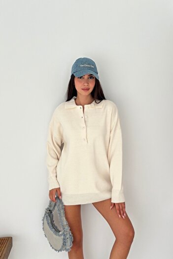 Noi Belis Polo Neck Oversize Half Placket Buttoned Knit Sweater Aw25Kz0025