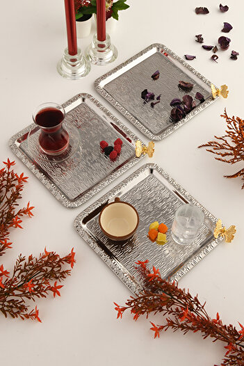 AKSESUAR EVRENİ Dolce Silver Stainless Patterned Square Corner Coffee and Tea Serving Tray with Single Butterfly Detail, Set of 3