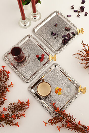 AKSESUAR EVRENİ Dolce Silver Stainless Patterned Square Corner Coffee and Tea Serving Tray with Single Butterfly Detail, Set of 3