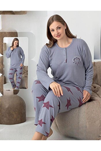 lindros Women's Cotton Button Collar Interlock Winter Oversized Pajama Set 05144 - 1 Piece