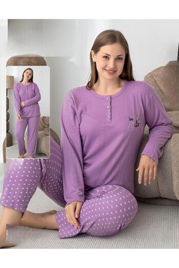 lindros Women's Cotton Button Collar Interlock Winter Oversized Pajama Set 05143 - 1 Piece
