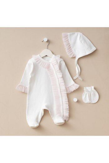 Minimus Newborn Baby Girl Cotton Romper Set with Ruffle Detail and Stylish Design with Hat, Hospital Discharge Set